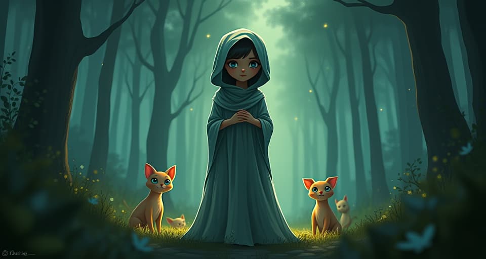  a figure dressed as a concerned parent, softly lit, with an enigmatic smile, blending into a serene, starlit forest. around them, ethereal creatures look on, embodying a tense atmosphere of hidden motives.. the style is digital art illustration,highly detailed, whimsical,magical, dreamlike atmosphere, realism and fantasy blend, smooth, glossy textures,luminous quality, wonder and enchantment.