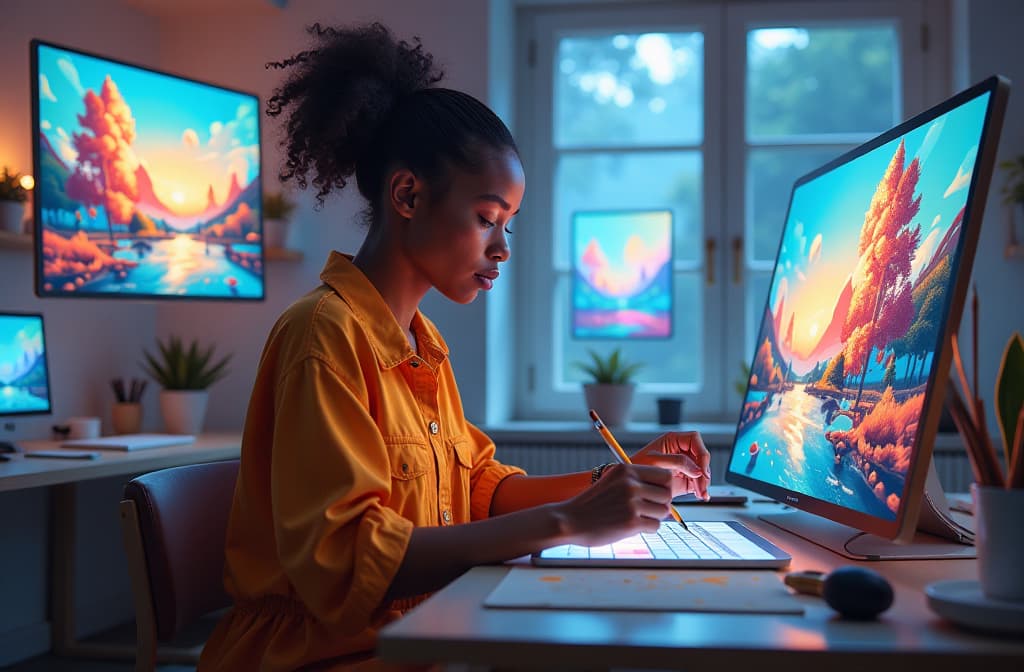  "an imaginative workspace filled with vibrant colors and futuristic technology, featuring a digital artist immersed in creation. surrounding them are floating holographic displays of ai generated artwork—abstract landscapes, dynamic portraits, and surreal still lifes. the artist, a diverse figure with an expression of wonder, interacts with the holographs, merging traditional painting tools with a sleek tablet that glows softly. soft ambient light filters through a large window, illuminating the scene with a sense of innovation and creativity." hyperrealistic, full body, detailed clothing, highly detailed, cinematic lighting, stunningly beautiful, intricate, sharp focus, f/1. 8, 85mm, (centered image composition), (professionally color graded), ((bright soft diffused light)), volumetric fog, trending on instagram, trending on tumblr, HDR 4K, 8K