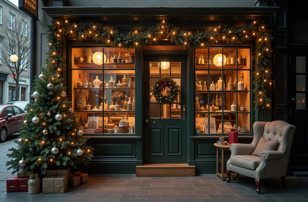  professional detailed photography, christmas decorated shop , (muted colors, dim colors, soothing tones), (vsco:0.3)