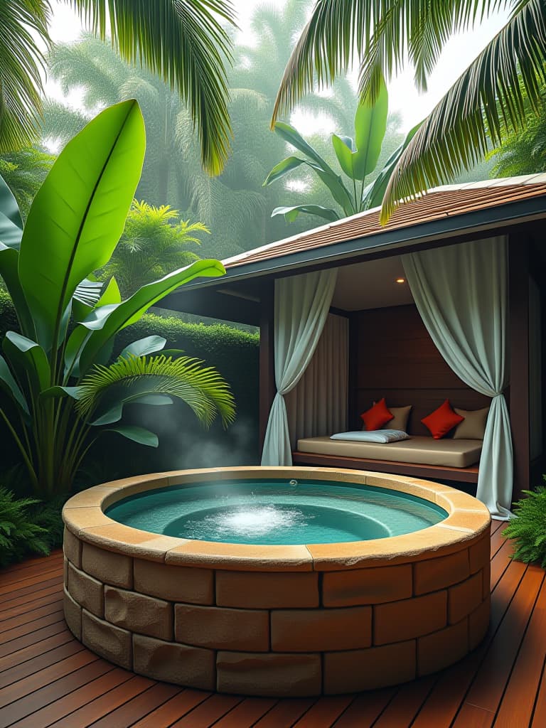  high quality portrait photo of a tropical paradise patio surrounded by lush palms and ferns, featuring a natural stone hot tub, teak wood decking, and a cabana with flowing white curtains, viewed from a low angle hyperrealistic, full body, detailed clothing, highly detailed, cinematic lighting, stunningly beautiful, intricate, sharp focus, f/1. 8, 85mm, (centered image composition), (professionally color graded), ((bright soft diffused light)), volumetric fog, trending on instagram, trending on tumblr, HDR 4K, 8K