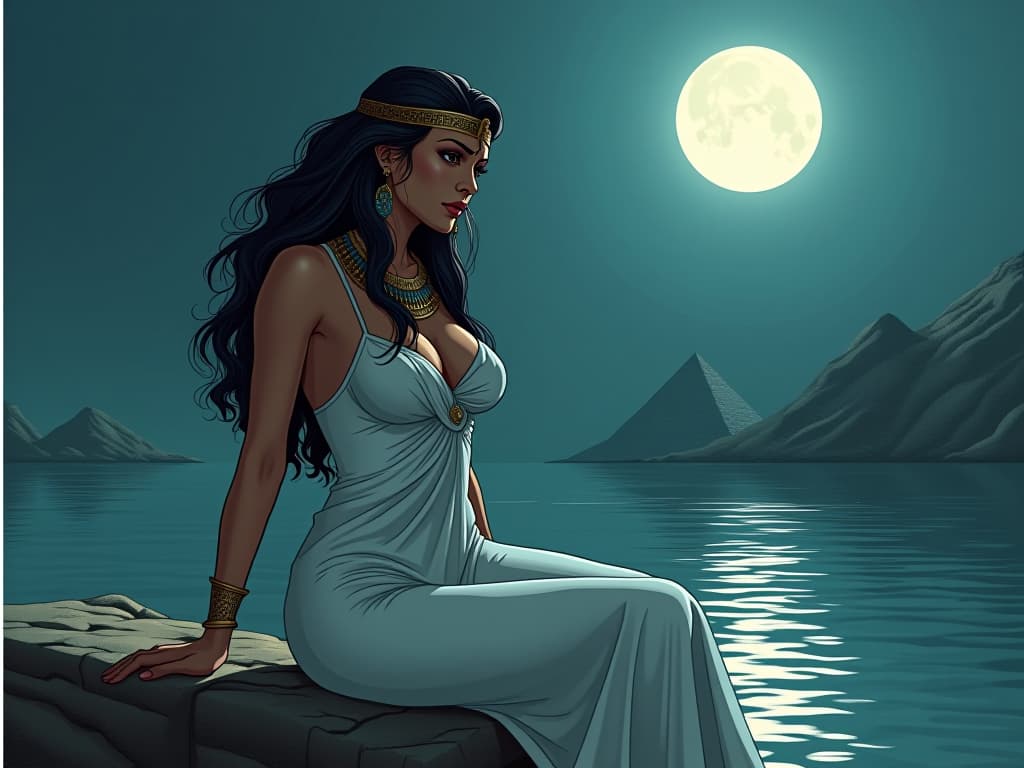  an ancient egyptian woman, large busted, in a form fitting, flowing white gown, sitting by the nile river under a full moon, tears streaming down her face, reflecting emotional purging, the moonlight casting a silver glow, symbolizing healing.. the style is digital art illustration / modern comic book / mysterious occult, symbolic, esoteric vibe,high detail on character design, incorporating ancient egyptian symbology and attire.