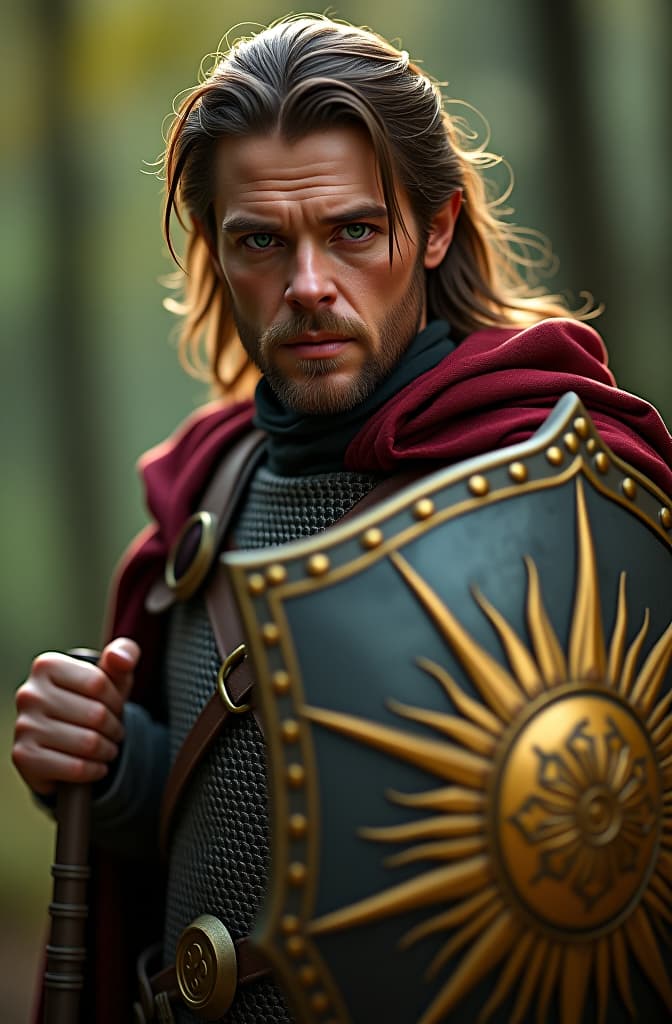  elf man with reddish skin, green eyes and dark brown hair, without beard. he is a cleric with chainmail armor with a shield with a golden sun and his weapon is a mace. hyperrealistic, full body, detailed clothing, highly detailed, cinematic lighting, stunningly beautiful, intricate, sharp focus, f/1. 8, 85mm, (centered image composition), (professionally color graded), ((bright soft diffused light)), volumetric fog, trending on instagram, trending on tumblr, HDR 4K, 8K