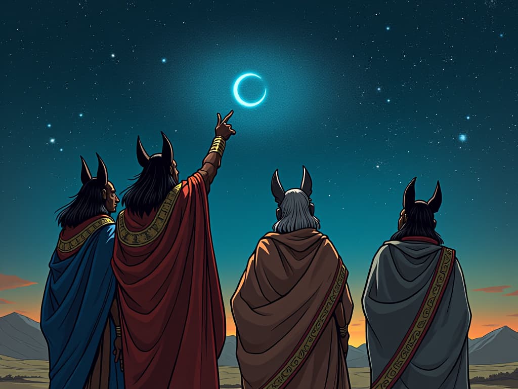  a group of dogon elders in traditional attire, gazing at the night sky, pointing towards sirius, atmosphere of curiosity and reverence. the style is digital art illustration / modern comic book / mysterious occult, symbolic, esoteric vibe,high detail on character design, incorporating ancient egyptian symbology and attire.