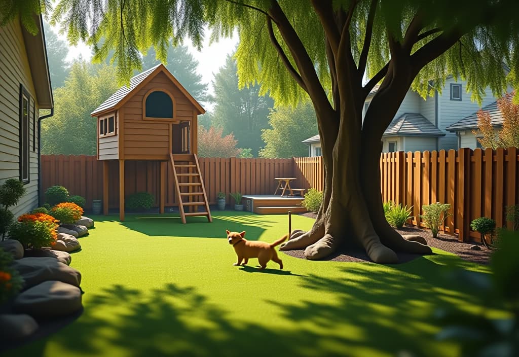  a landscape photo of a whimsical backyard playground with a treehouse, soft artificial turf, and a fenced pet agility course, all visible from a cozy parent seating area hyperrealistic, full body, detailed clothing, highly detailed, cinematic lighting, stunningly beautiful, intricate, sharp focus, f/1. 8, 85mm, (centered image composition), (professionally color graded), ((bright soft diffused light)), volumetric fog, trending on instagram, trending on tumblr, HDR 4K, 8K