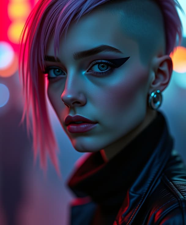  ultra realistic close up portrait ((beautiful pale cyberpunk female with heavy black eyeliner)), blue eyes, shaved side haircut, hyper detail, cinematic lighting, magic neon, dark red city, canon eos r3, nikon, f/1.4, iso 200, 1/160s, 8k, raw, unedited, symmetrical balance, in frame, 8k hyperrealistic, full body, detailed clothing, highly detailed, cinematic lighting, stunningly beautiful, intricate, sharp focus, f/1. 8, 85mm, (centered image composition), (professionally color graded), ((bright soft diffused light)), volumetric fog, trending on instagram, trending on tumblr, HDR 4K, 8K