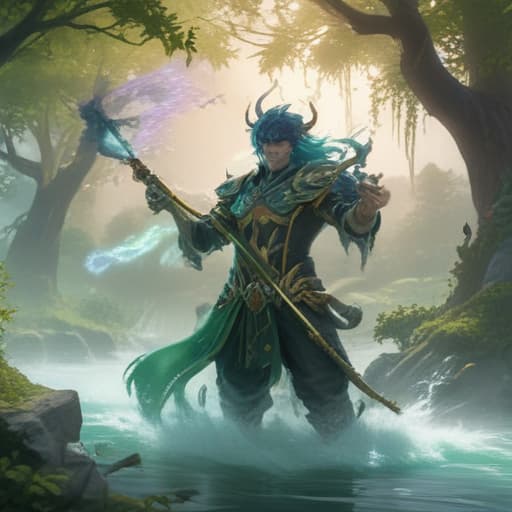 In a serene meadow under a sky painted with wispy clouds, Venti - Genshin Windborne Bard stands tall and majestic. His flowing emerald hair dances in the gentle breeze as he strums a harp made of pure water. Surrounding him are three majestic "Genshin" monsters, including a stunning WATER elemental creature. Venti is unaffected by any opposing forces, radiating an aura of invincibility. As he performs a melodic fusion summon, all enemy monsters bow before him in tribute. Each time a spell is cast, glowing "Act" counters appear, swirling around him like musical notes. With a fierce gaze, Venti can negate any threat by removing these counters, banishing his enemies with a powerful gust of wind. As the battle rages on, his strength grows with 