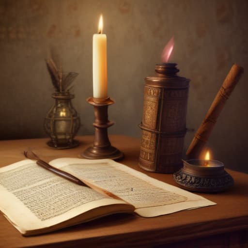 An image of an ancient (((manuscript))) on a desk with a quill and inkpot, candle lighting, detailed, realistic