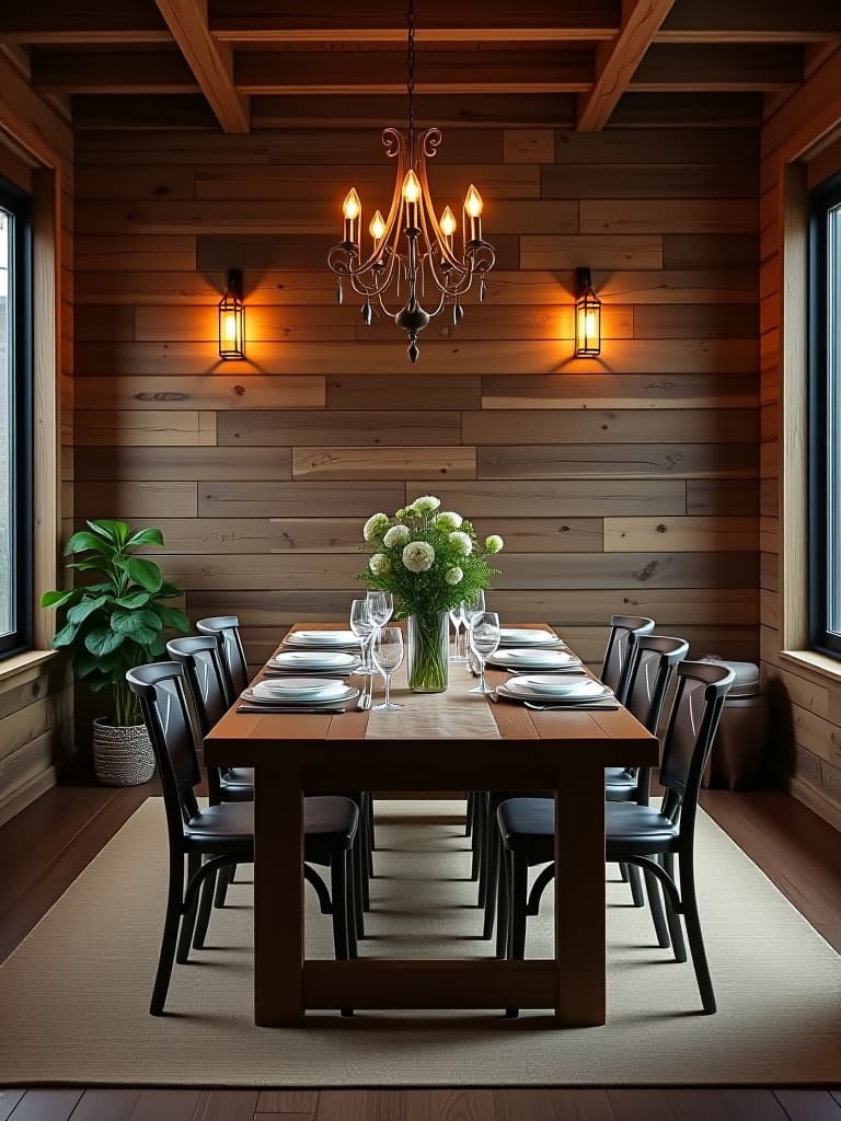  high quality portrait photo of a rustic farmhouse dining room with a feature wall covered in reclaimed barn wood planks, illuminated by warm pendant lights, captured from a corner angle to showcase the entire space hyperrealistic, full body, detailed clothing, highly detailed, cinematic lighting, stunningly beautiful, intricate, sharp focus, f/1. 8, 85mm, (centered image composition), (professionally color graded), ((bright soft diffused light)), volumetric fog, trending on instagram, trending on tumblr, HDR 4K, 8K