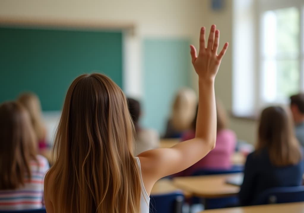  student raising hand in classroom, back view