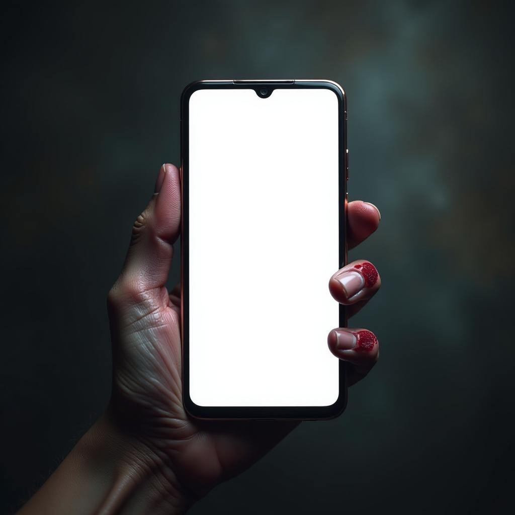  creepy halloween monster zombie hand holding a mobile phone with a blank screen, high quality, high details, hd, perfect composition, 4k epic detailed, highly detailed, sharp focus, high resolution