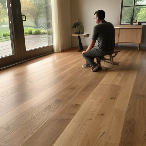 A photo of a skilled artisan meticulously laying custom-designed hardwood flooring in a spacious and elegant living room during the soft glow of early evening light filtering in through large windows, creating a warm and inviting atmosphere.