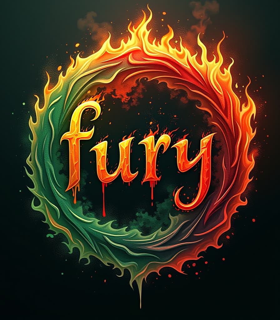  (masterpiece, digital painting, high resolution:1.3), bold calligraphy lettering art, (fiery capital letters:1.4) spelling "fury," interwoven with (toxic green letters:1.3) spelling "fear," intricate yin yang design, (dynamic swirling flames:1.2) contrasting with (dripping poison effects:1.2), layered image showcasing vibrant reds, oranges, and deep greens, abstract visual effects enhancing the duality, (fluid motion:1.1) between fire and poison, dark background to intensify colors, visually striking composition, captivating and thought provoking, rich textures, glowing highlights, dramatic shadows, conveying strong emotions and themes of conflict. hyperrealistic, full body, detailed clothing, highly detailed, cinematic lighting, stunningly beautiful, intricate, sharp focus, f/1. 8, 85mm, (centered image composition), (professionally color graded), ((bright soft diffused light)), volumetric fog, trending on instagram, trending on tumblr, HDR 4K, 8K