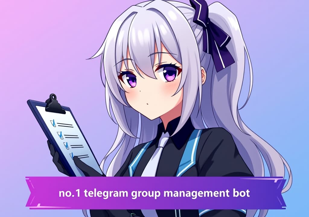  good quality, high quality, a profile picture for a telegram group management bot featuring emilia from re:zero. emilia is depicted with her silver hair and purple eyes, holding a stylized clipboard with a checklist. the background is a soft gradient of purple and blue, symbolizing efficiency and organization. the bottom features a banner poster design with the text "no.1 telegram group management bot " in clean, anime sytle font