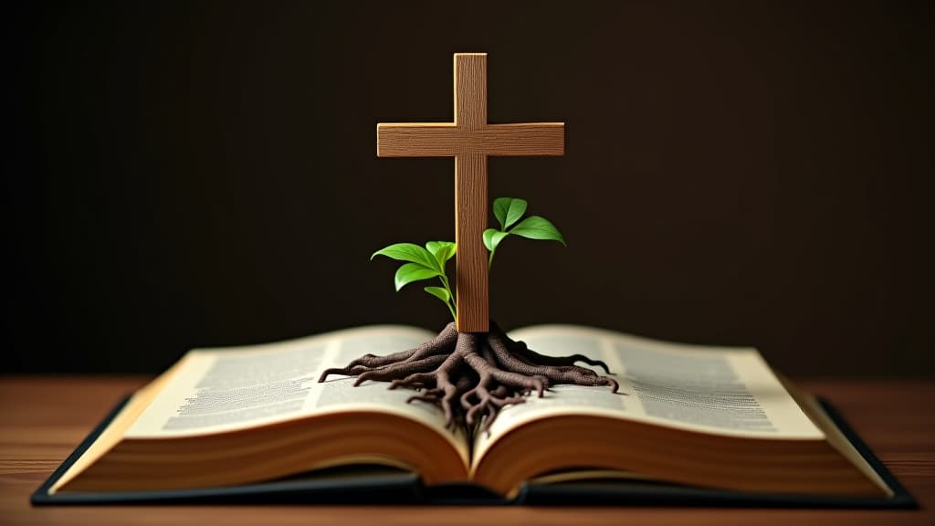  living word. the living word: a cross with roots intertwined in an open bible, symbolizing the dynamic and ever growing nature of faith nourished by the sacred scriptures