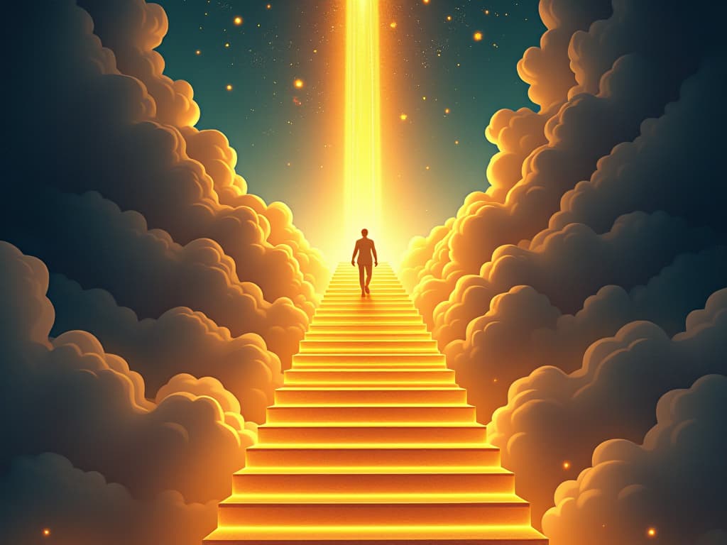  celestial staircase made of light, ascending figure, golden trails, luminous atmosphere, transcendent journey. the style is digital art illustration,highly detailed, whimsical,magical, dreamlike atmosphere, realism and fantasy blend, smooth, glossy textures,luminous quality, wonder and enchantment.