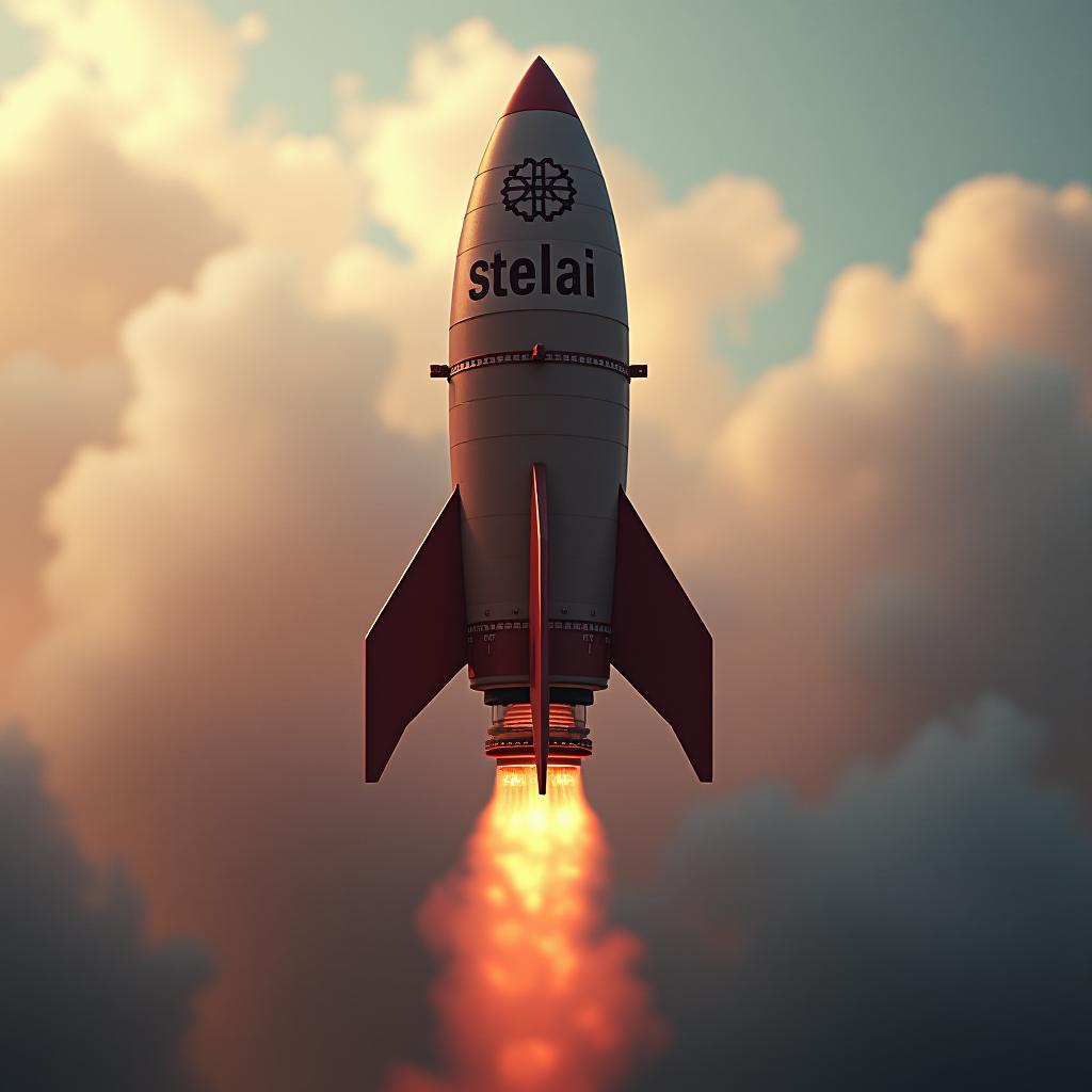  rocket with $stelai written on it hyperrealistic, full body, detailed clothing, highly detailed, cinematic lighting, stunningly beautiful, intricate, sharp focus, f/1. 8, 85mm, (centered image composition), (professionally color graded), ((bright soft diffused light)), volumetric fog, trending on instagram, trending on tumblr, HDR 4K, 8K