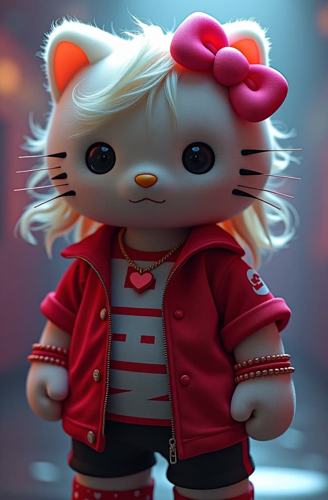  hello kitty wearing eminem's shirt, bracelets on her wrists, a necklace with a heart, pink bows on her ears, wavy and fluffy hair hyperrealistic, full body, detailed clothing, highly detailed, cinematic lighting, stunningly beautiful, intricate, sharp focus, f/1. 8, 85mm, (centered image composition), (professionally color graded), ((bright soft diffused light)), volumetric fog, trending on instagram, trending on tumblr, HDR 4K, 8K