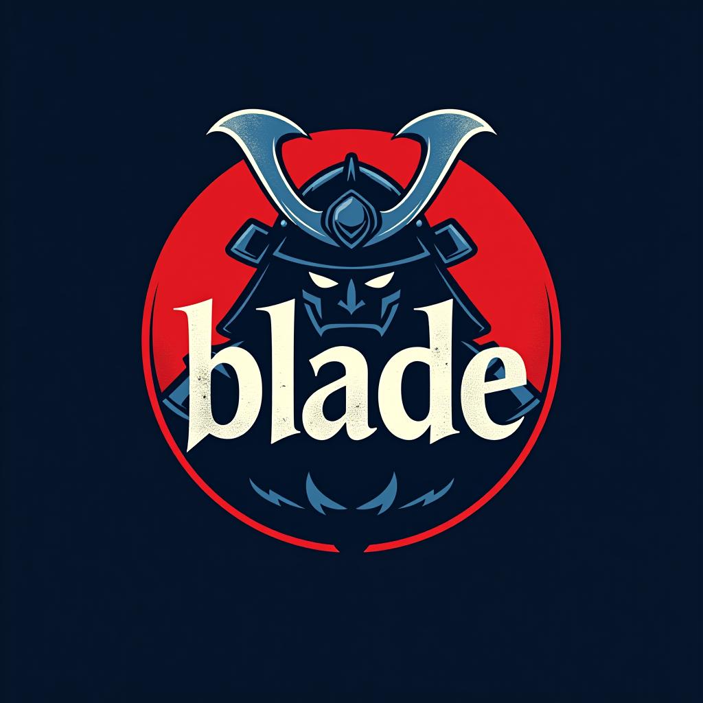  design a logo, emblem logo, with the written text ‘blade’, samurai theme, red and blue.