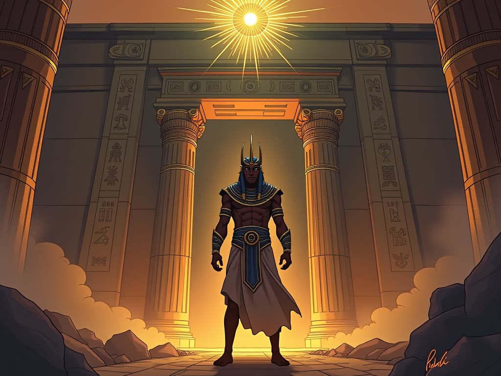  an egyptian warrior in resplendent armor, standing before a temple adorned with sacred symbols. the atmosphere charged with divine energy, the warrior poised to unlock the temple door, embodying the strength to realize full potential.. the style is digital art illustration / modern comic book / mysterious occult, symbolic, esoteric vibe,high detail on character design, incorporating ancient egyptian symbology and attire.