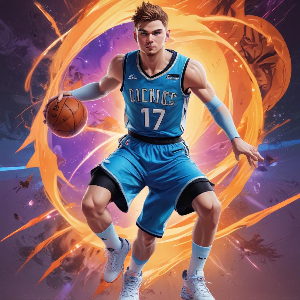 distance-shot, flashy, full-body, dynamic, holographic, animated cartoon poster of luka doncic in the style of dragon ball super