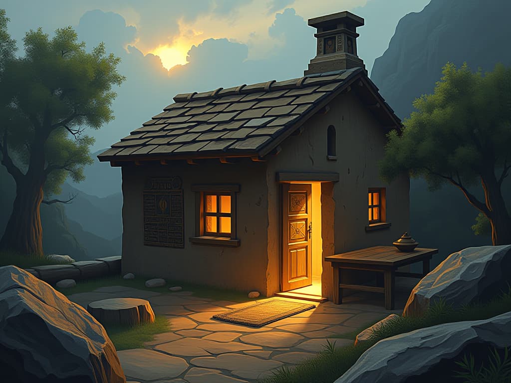  a humble ancient greek cottage with simple, wooden furnishings, nestled in a lush landscape, a faint golden light suggesting divine presence, atmosphere of humility and simplicity. the style is digital art illustration / modern comic book / mysterious occult, symbolic, esoteric vibe,high detail on character design, incorporating ancient egyptian symbology and attire.