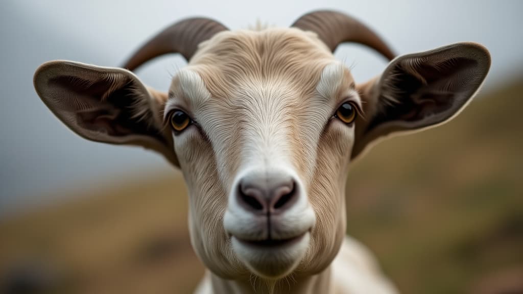  a close up of a goat's face with its horns showing