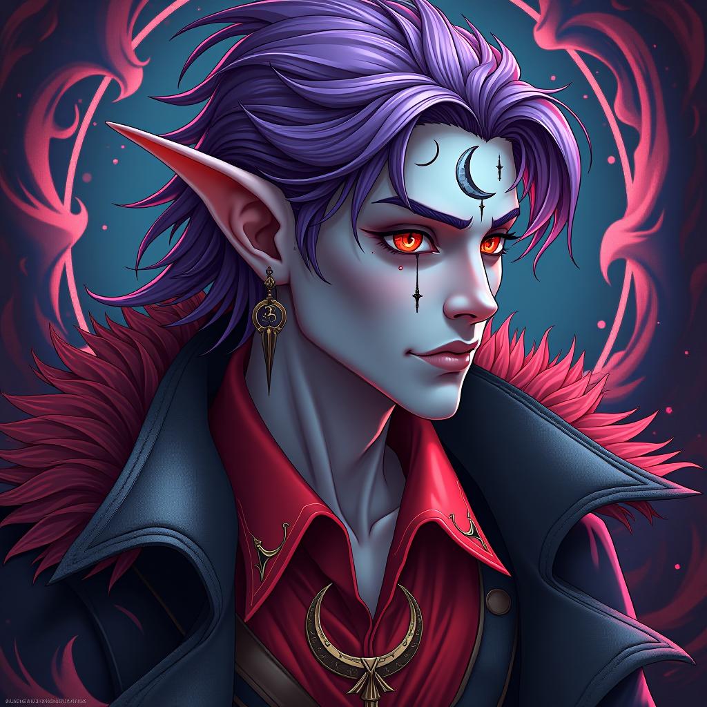  psychedelic style dark elf male pirate marble white skin, purple scarlet hair, lavender eyes with a red tint, dressed in a red violet shirt embroidered with red gold over the shirt wears a leather coat with a fur collar of dark scarlet, disheveled hair. an earring in the right ear, in the shape of a month. tattoo of a jagged crescent moon near the left eye socket the crescent moon is turned towards the eye . vibrant colors, swirling patterns, abstract forms, surreal, trippy hyperrealistic, full body, detailed clothing, highly detailed, cinematic lighting, stunningly beautiful, intricate, sharp focus, f/1. 8, 85mm, (centered image composition), (professionally color graded), ((bright soft diffused light)), volumetric fog, trending on instagram, trending on tumblr, HDR 4K, 8K