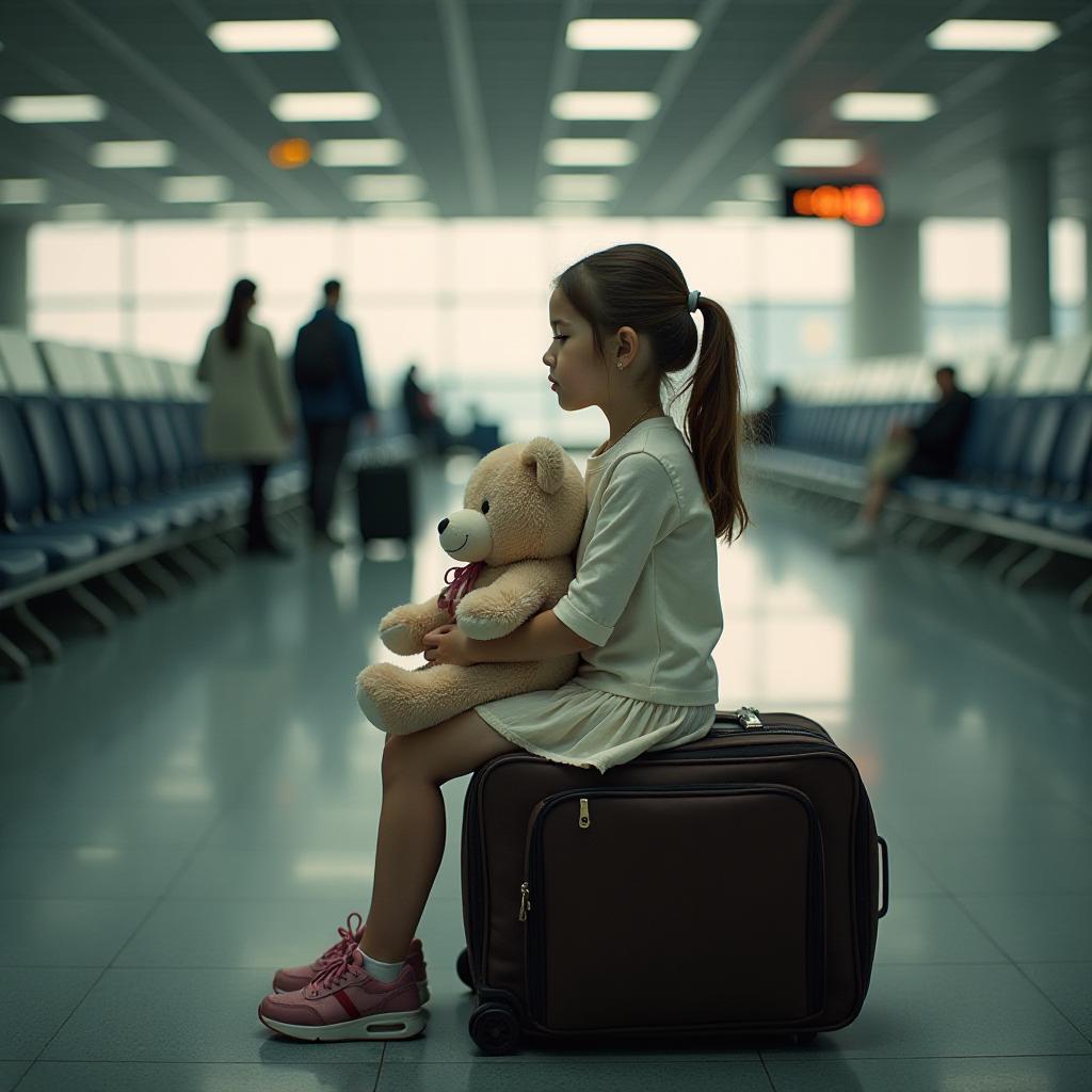  professional detailed photography, girl sitting on suitcase holding teddy bear, airport, (muted colors, dim colors, soothing tones), (vsco:0.3)