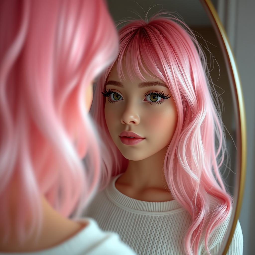  a girl with pink hair and gorgeous eyelashes stands in front of the mirror.