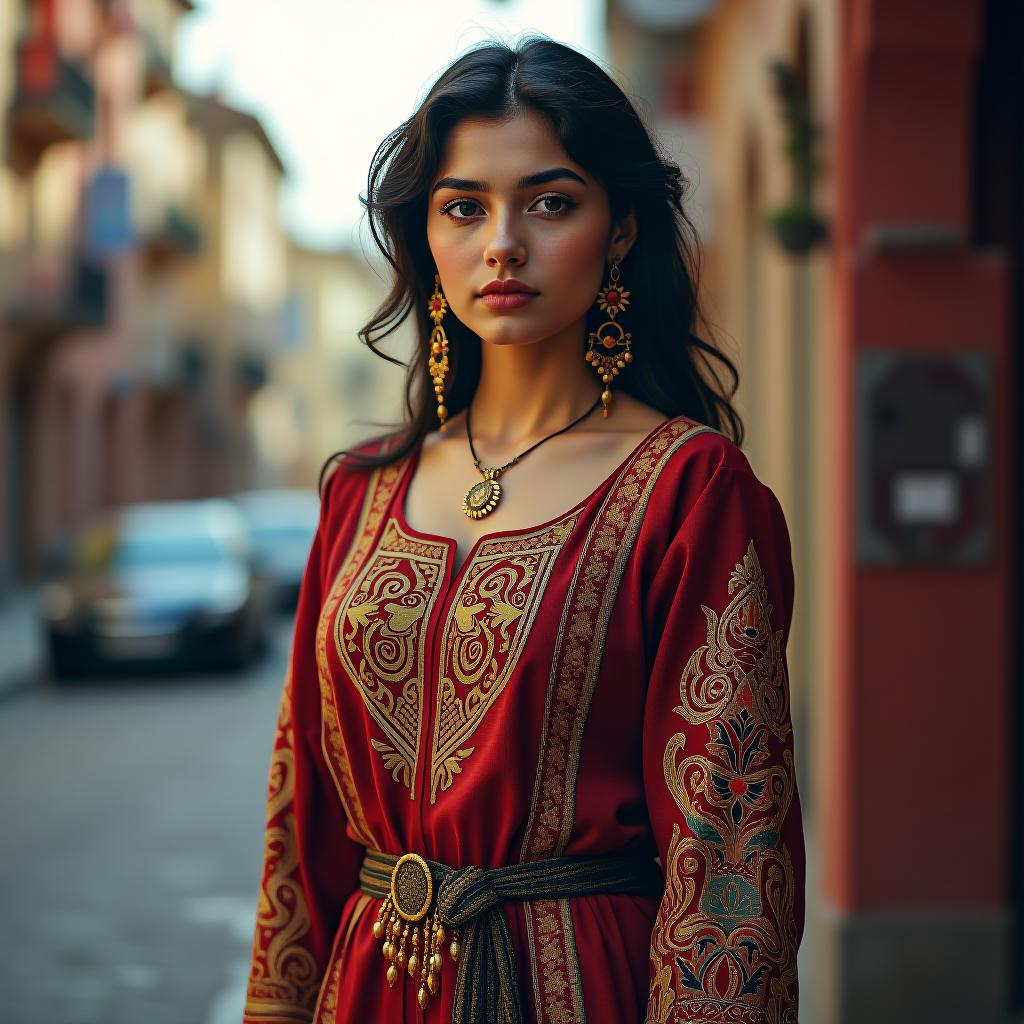  a young woman standing tall. she is wearing a tatar costume with tatar embroidery, large gold earrings, and her hair is dark. there is a city around her.