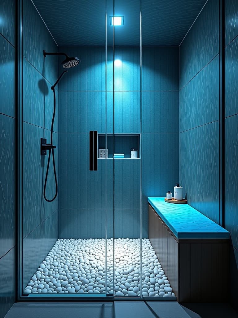  high quality portrait photo of a spacious walk in shower with floor to ceiling glass doors, featuring a pebble floor, a rain showerhead, and a built in bench covered in iridescent blue tiles reminiscent of fish scales hyperrealistic, full body, detailed clothing, highly detailed, cinematic lighting, stunningly beautiful, intricate, sharp focus, f/1. 8, 85mm, (centered image composition), (professionally color graded), ((bright soft diffused light)), volumetric fog, trending on instagram, trending on tumblr, HDR 4K, 8K