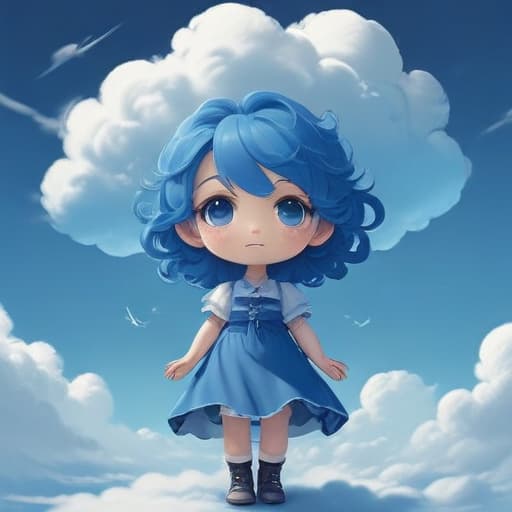 A cloud covered woman, surrounded in blue, chibi, 2d, digital art, artstation, classic art, dynamic, high quality