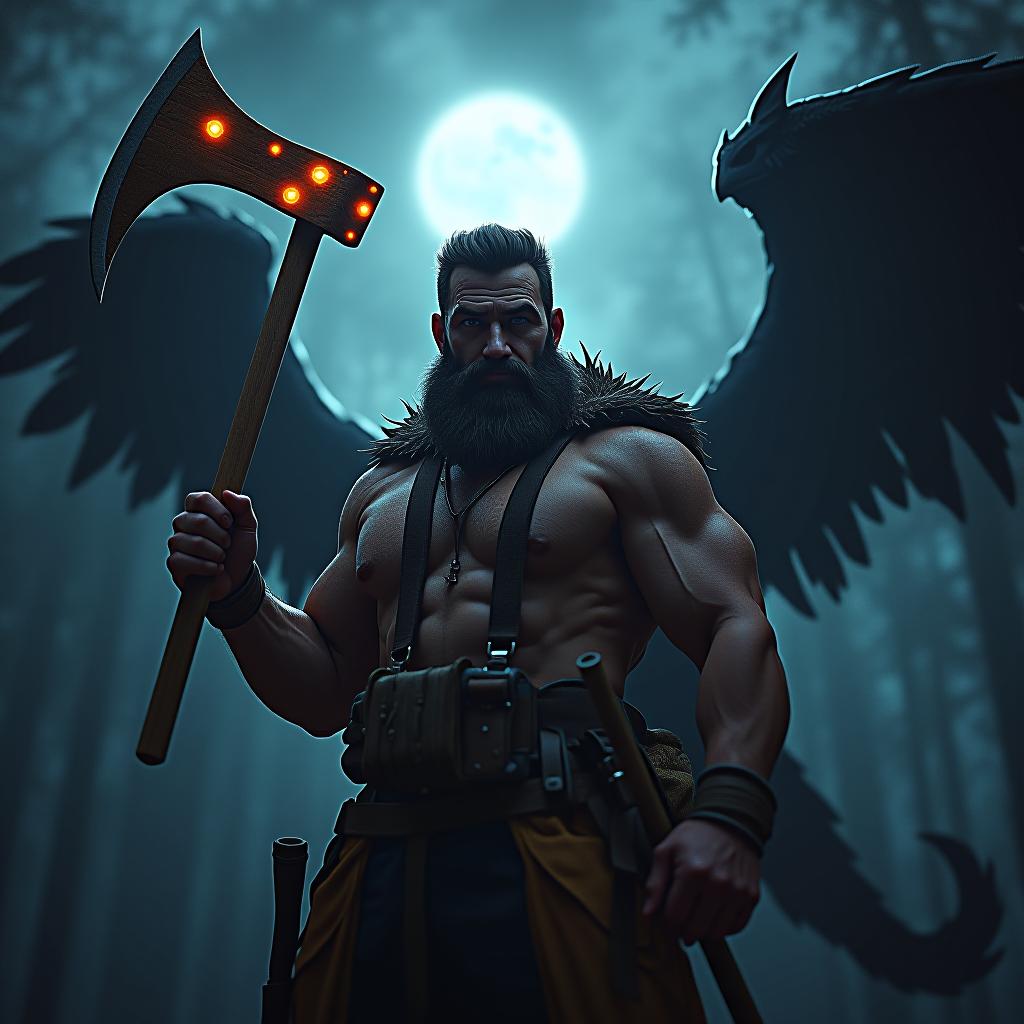  create a high quality, photorealistic image that vividly depicts the following scene: 'captivating, macro view of a burly lumberjack, powerful characteristics brought forward under the lunar illumination, eyes infused with unyielding resolve. magical hatchet, radiating a soft, celestial luminescence, is hoisted in a commanding pose. dramatic, action packed snapshot of a majestic, fantastical midnight gryphon coming to life from a burst of shimmering glimmers, its wings overspreading the galaxy infused firmament. misleading representation of a menacing sorceress barely noticeable, the spooky contour of a magic ritual encircling the enchanted forest, subtly sketched in the backdrop. kinetic wide angle scene, nikon z9, f/2.8, iso 320, 1/2 hyperrealistic, full body, detailed clothing, highly detailed, cinematic lighting, stunningly beautiful, intricate, sharp focus, f/1. 8, 85mm, (centered image composition), (professionally color graded), ((bright soft diffused light)), volumetric fog, trending on instagram, trending on tumblr, HDR 4K, 8K