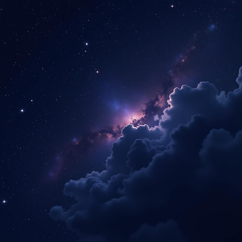  a vast, seamless space background, dominated by deep, pure black, capturing the infinite darkness of space, with bright, scattered stars of varying sizes that twinkle subtly against the darkness. incorporate soft, diffused atmospheric lighting with a faint, ethereal glow to suggest distant light sources. add delicate, wispy night clouds that drift subtly across the scene, blending into the void without overpowering the black. include minimal, softly colored nebulae in shades of purple, pink, and faint blue, along with thin trails of space dust. position these nebulae and clouds toward the middle or sides of the image, carefully avoiding the top and bottom edges to maintain openness. the style should be a digital painting with a hyperrealist