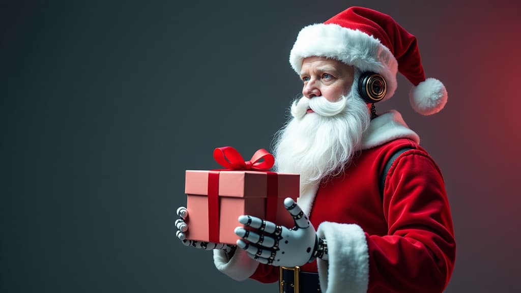  advertising style, stock photo, corporate branding style robot santa claus holds a gift box in his hands ar 16:9 . professional, clean, modern, product focused, commercial, eye catching, minimalist, business oriented, highly detailed