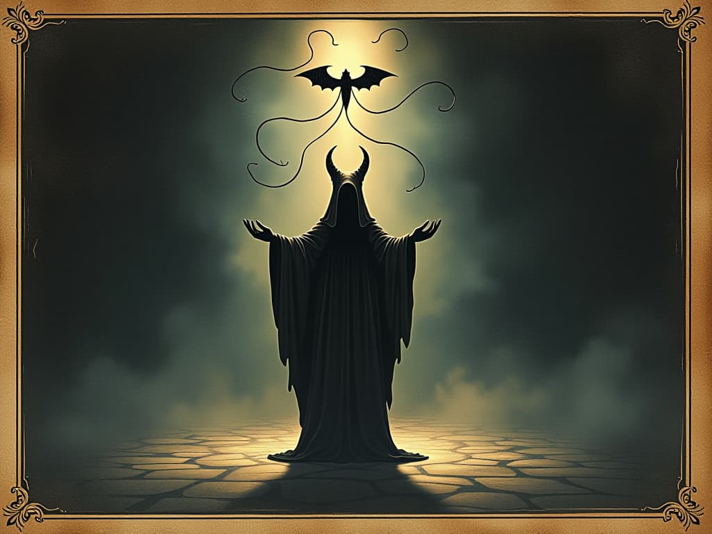  mystical object casting a shadow, subtle yet foreboding, dark aura, ethereal tendrils, oppressive atmosphere. an illustration in the style of a worn, mystical old tarot trump card, mysterious and elements of surrealism. the colors are muted, somber and eerie, but with contrast bring out an occult and esoteric vibe.