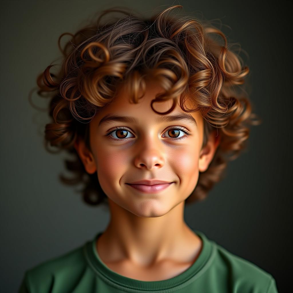  make an image of a young mixed boy with curly light brown hair and tan skin wearing a green shirt