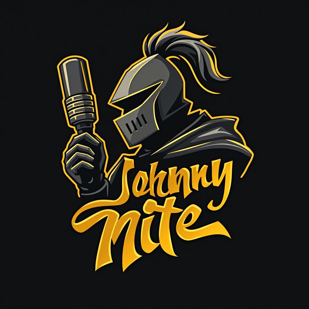  design a logo, in a origami style. knight with a mic graffiti gold and black, with the text 'johnny nite'.