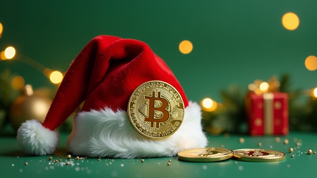  bitcoin in a christmas hat on a green background, new year garlands and gifts on the background, christmas concept {prompt}, maximum details