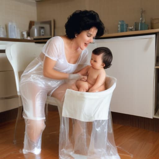 A middle age woman with short black hair dressed in clear transparent plastic dress with big s and big hair area is feeding a big age boy sitting in a chair in plastic pants and diaper while. Gobs of White cream is all over his mother who is and white cream is all over both of them. The room is dark and messy with Penthouse and magazine all over the floor. The boys is sticking way up over his diaper pants.