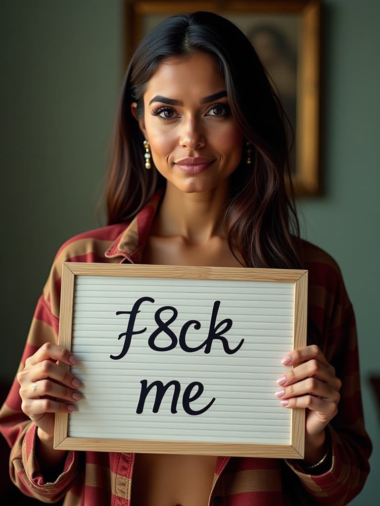  mia khalifa holding "f8ck me" board written in calligraphy hyperrealistic, full body, detailed clothing, highly detailed, cinematic lighting, stunningly beautiful, intricate, sharp focus, f/1. 8, 85mm, (centered image composition), (professionally color graded), ((bright soft diffused light)), volumetric fog, trending on instagram, trending on tumblr, HDR 4K, 8K