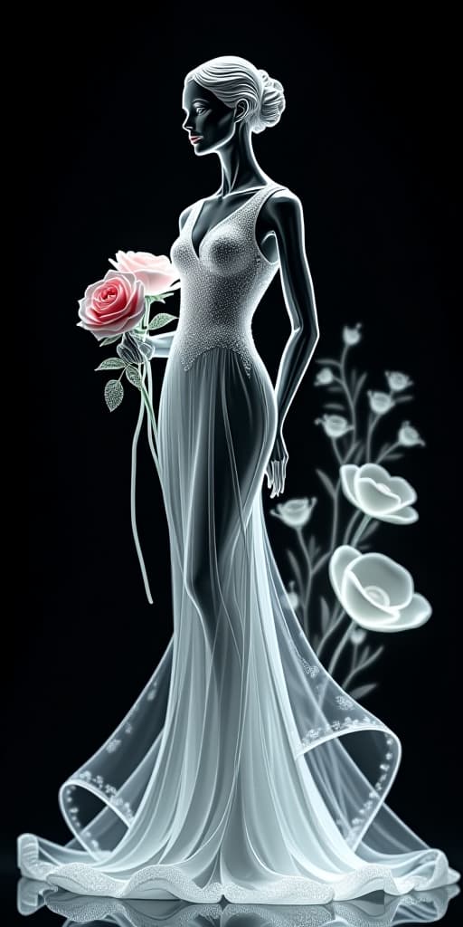  3d transparent glass art | elegant woman in a dress holding roses | black background with high contrast | full body shot, centered | ultra detailed, intricate design | surreal aesthetic; glowing white flowers on the right side; beautiful woman standing straight with hands behind her back; crystal clear details; stunning, dramatic lighting