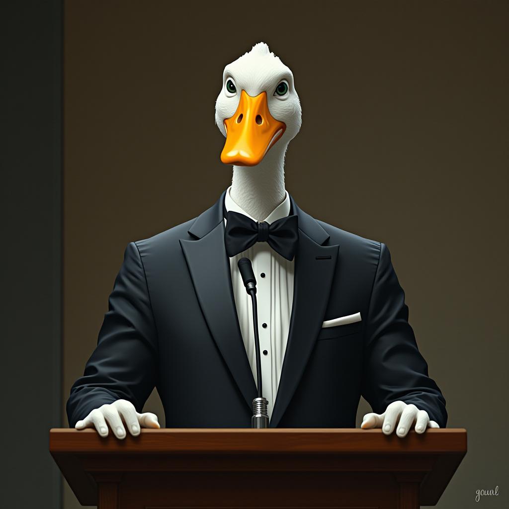  a tall man ina a black tuxedo, but has a head of a white duck/goose, yellow beak, the man duck is making a speech. hands holding the podium