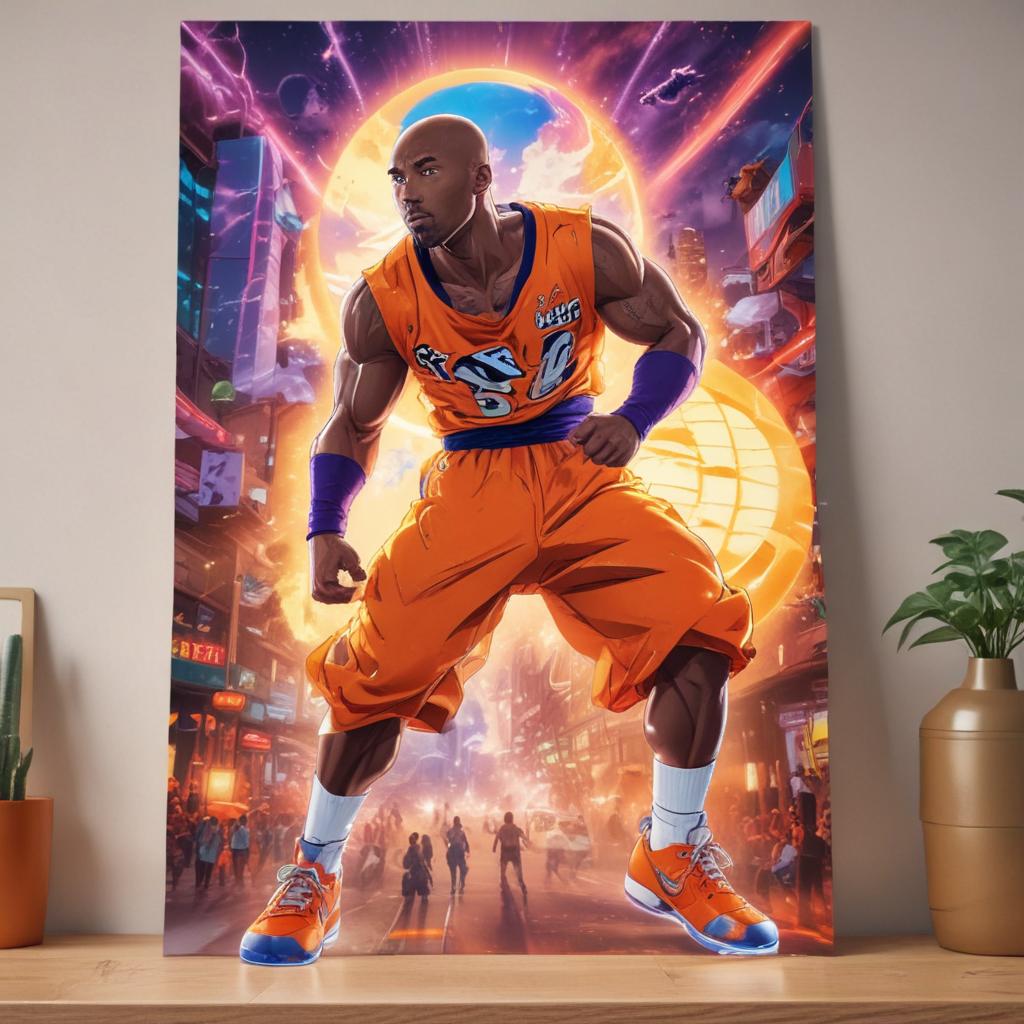 distance-shot, flashy, full-body, dynamic, holographic, animated cartoon poster of kobe scene in the style of dragon ball super