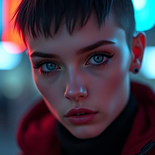  ultra realistic close up portrait ((beautiful pale cyberpunk female with heavy black eyeliner)), blue eyes, shaved side haircut, hyper detail, cinematic lighting, magic neon, dark red city, canon eos r3, nikon, f/1.4, iso 200, 1/160s, 8k, raw, unedited, symmetrical balance, in frame, 8k hyperrealistic, full body, detailed clothing, highly detailed, cinematic lighting, stunningly beautiful, intricate, sharp focus, f/1. 8, 85mm, (centered image composition), (professionally color graded), ((bright soft diffused light)), volumetric fog, trending on instagram, trending on tumblr, HDR 4K, 8K