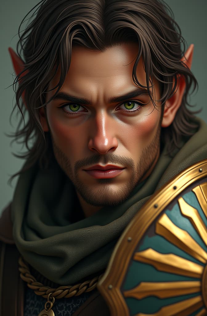  elf man with coppery skin, green eyes and dark brown hair. he is a cleric with chainmail armor with a shield with a golden sun and his weapon is a mace., realistic fantasy d & d character, closeup portrait art by donato giancola and greg rutkowski, realistic face, digital art, trending on artstation hyperrealistic, full body, detailed clothing, highly detailed, cinematic lighting, stunningly beautiful, intricate, sharp focus, f/1. 8, 85mm, (centered image composition), (professionally color graded), ((bright soft diffused light)), volumetric fog, trending on instagram, trending on tumblr, HDR 4K, 8K