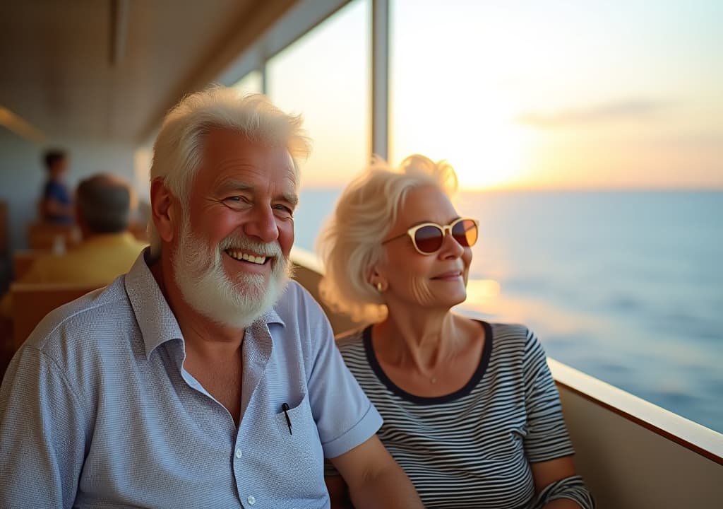  beautiful retired senior couple enjoying cruise vacation. senior man and woman having fun on a cruise ship. old man and old lady travelling by sea., high quality, high details, hd, perfect composition, 4k epic detailed, highly detailed, sharp focus, high resolution