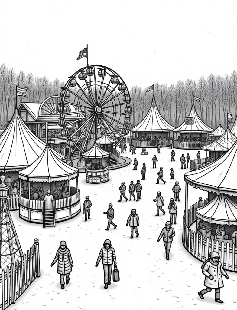  this is for an adult coloring page. a detailed black and white line art of a snowy winter carnival with people enjoying rides and games in the snow on a solid white background.