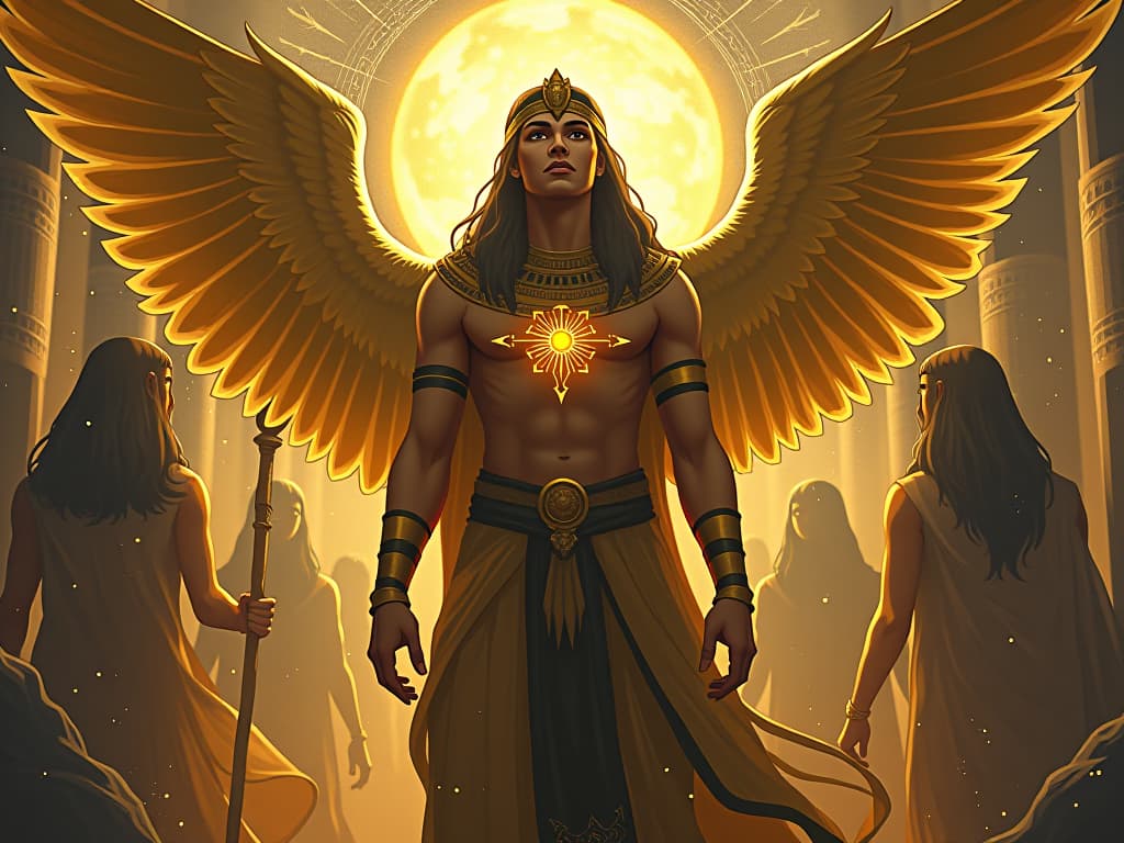  a figure surrounded by celestial beings, golden light emanating, a connection to higher realms, divine presence. the style is digital art illustration / modern comic book / mysterious occult, symbolic, esoteric vibe,high detail on character design, incorporating ancient egyptian symbology and attire.