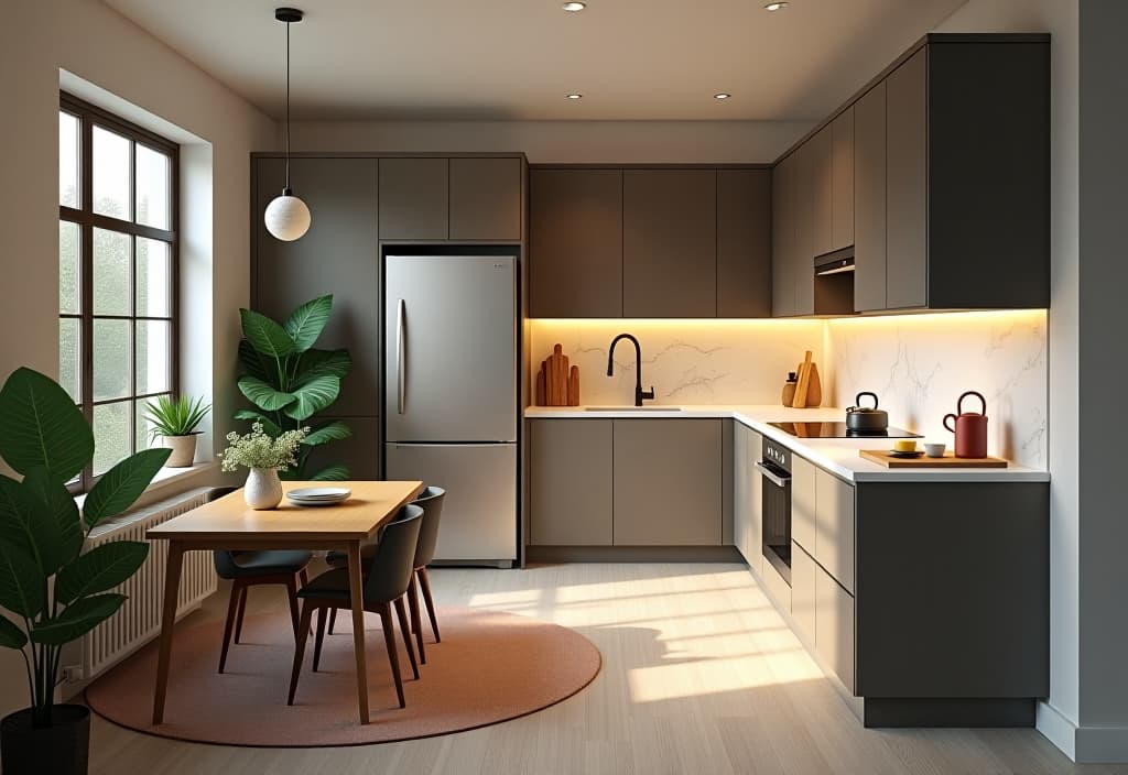  a landscape photo of a 3d rendered floorplan of a small kitchen showcasing clever layout ideas, space saving solutions, and placement of budget friendly appliances and fixtures hyperrealistic, full body, detailed clothing, highly detailed, cinematic lighting, stunningly beautiful, intricate, sharp focus, f/1. 8, 85mm, (centered image composition), (professionally color graded), ((bright soft diffused light)), volumetric fog, trending on instagram, trending on tumblr, HDR 4K, 8K